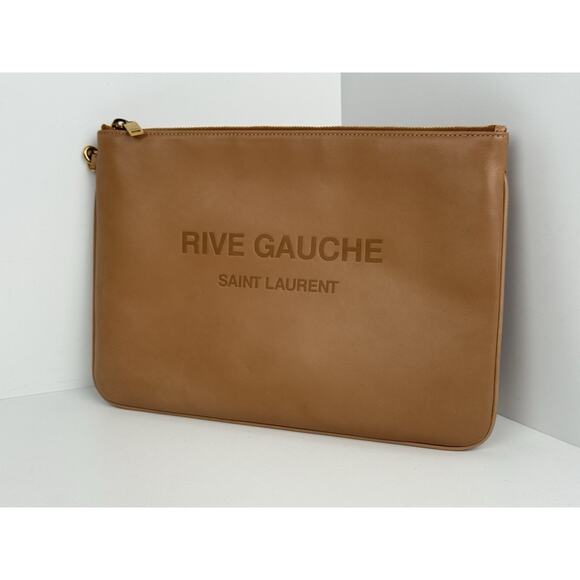 Saint Laurent Rive Gauche Zipped Pouch in Vintage Brown Calfskin with Gold - Picture 1 of 12